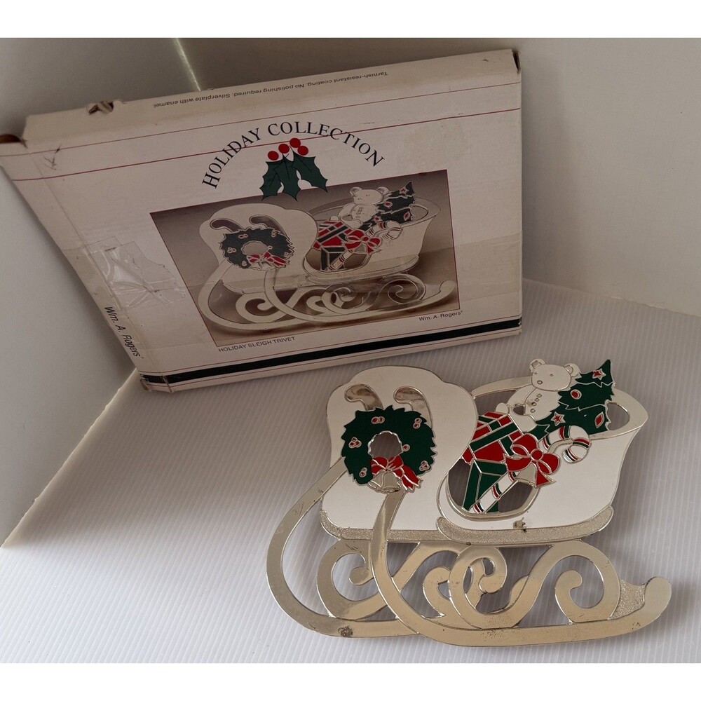 William A Rogers Christmas Sleigh Trivet  vintage Japan Holiday Silverplated 9x7
